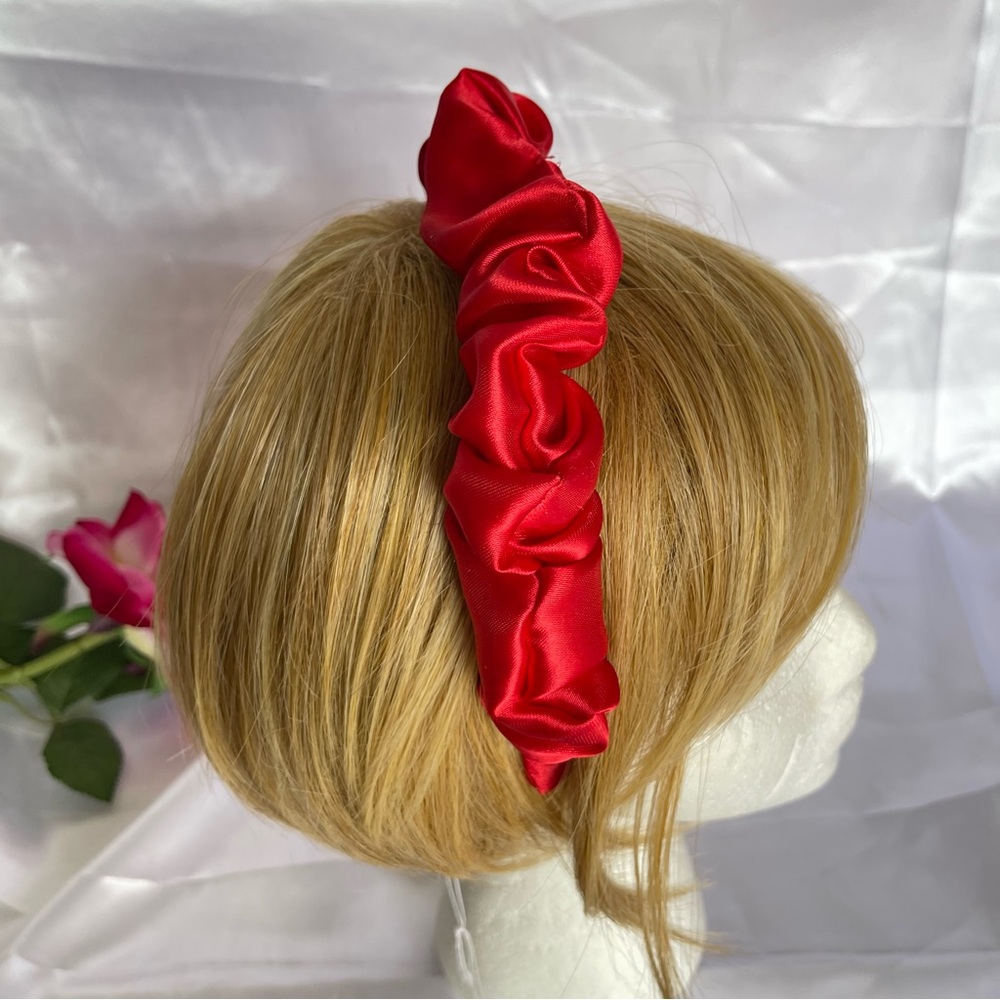 Red Satin Headband wrap scrunched For Women Pleated design - Picture 6 of 15